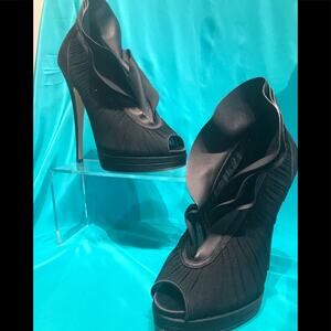 Casadei black silk open toe platform leather cuff